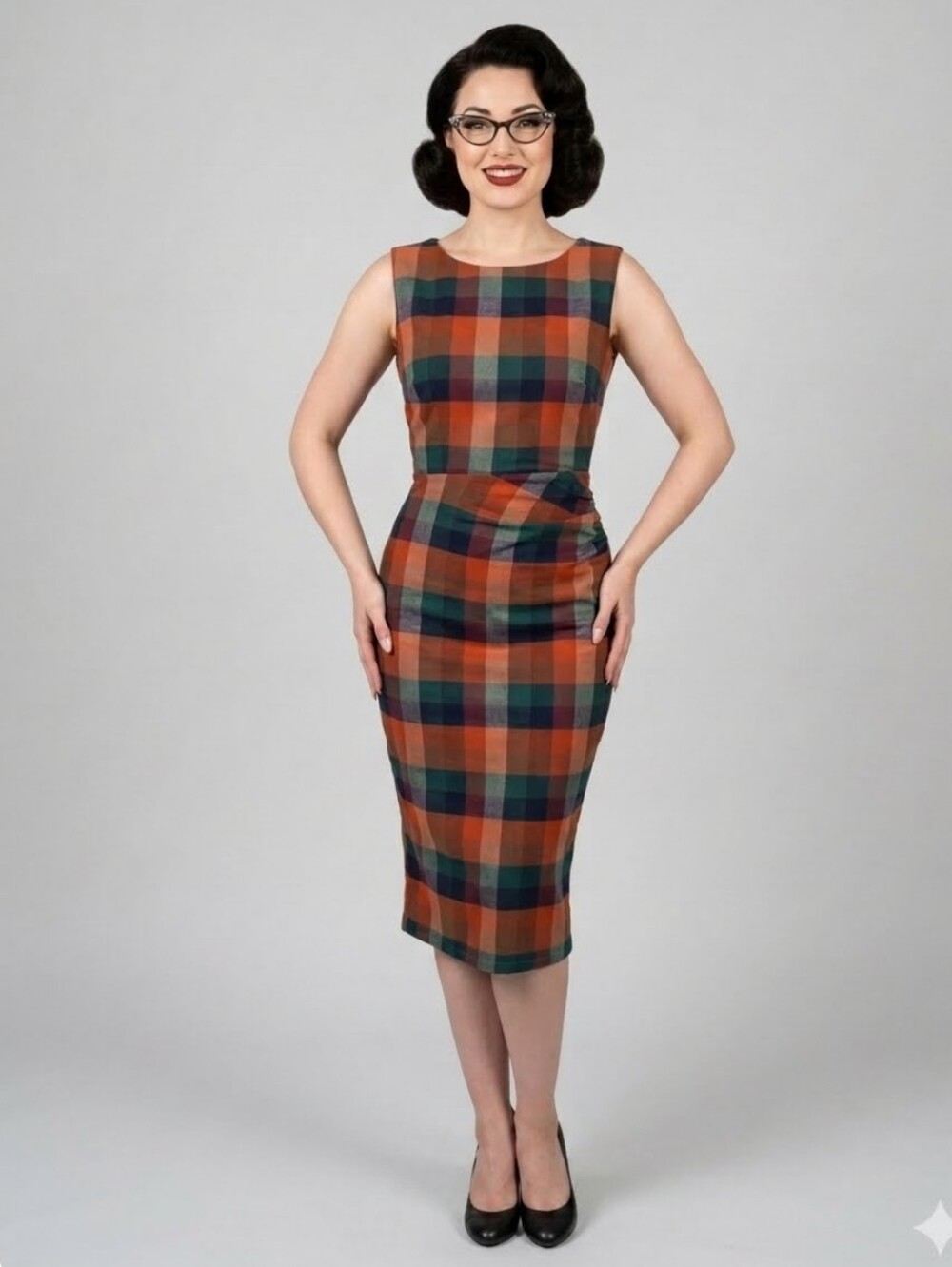 Apricot Plaid Sleeveless Ruched Midi Sheath Dress, Size M